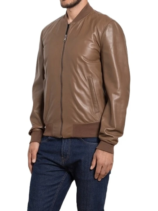 Ribbed Collar Brown Leather Bomber Jacket