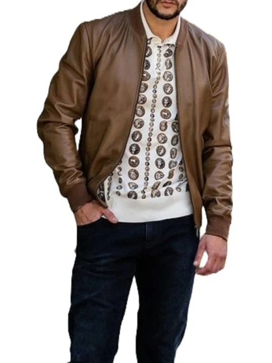 Ribbed Collar Brown Leather Bomber Jacket