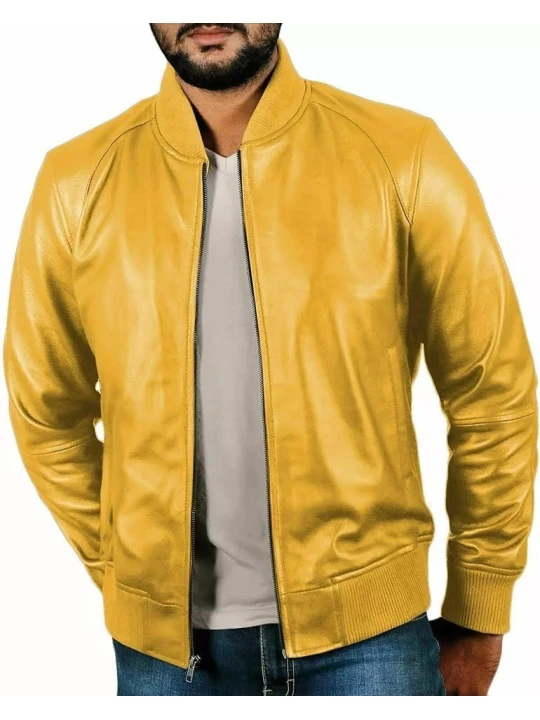 Ribbed Collar Yellow Leather Bomber Jacket