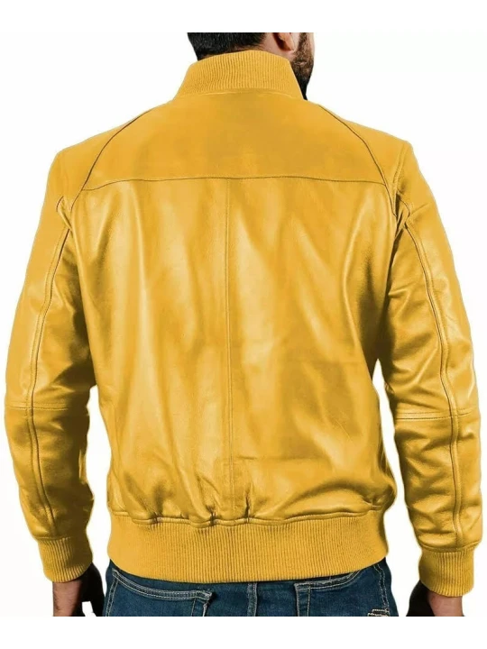 Ribbed Collar Yellow Leather Bomber Jacket