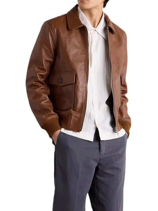 Ribbed Trims Brown Leather Bomber Jacket
