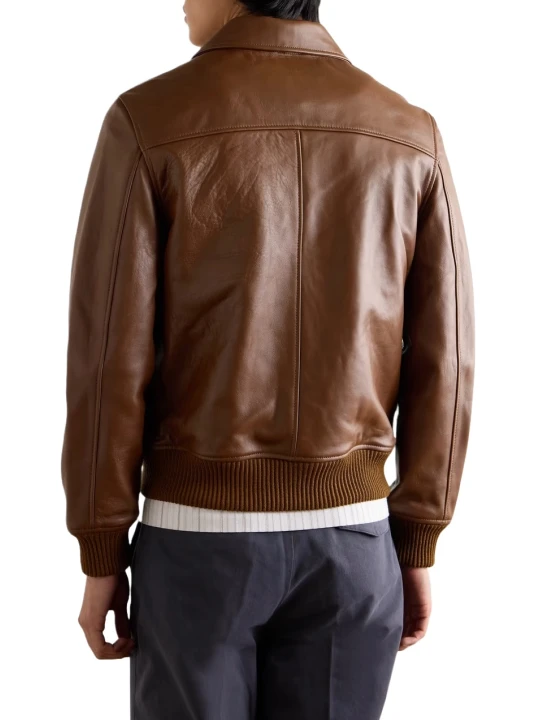 Ribbed Trims Brown Leather Bomber Jacket