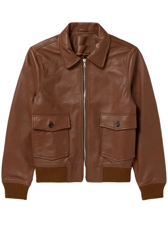Ribbed Trims Brown Leather Bomber Jacket