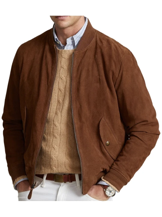 Side Pockets Brown Suede Leather Bomber Jacket