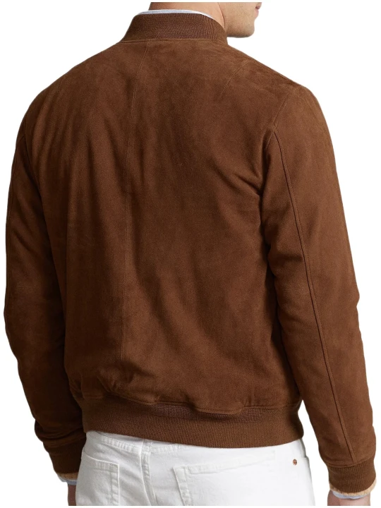 Side Pockets Brown Suede Leather Bomber Jacket