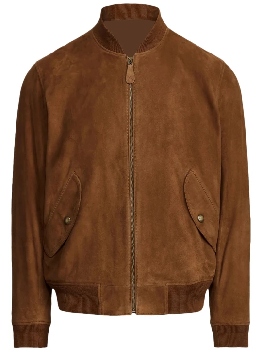 Side Pockets Brown Suede Leather Bomber Jacket