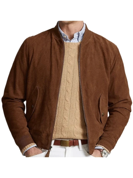 Side Pockets Brown Suede Leather Bomber Jacket