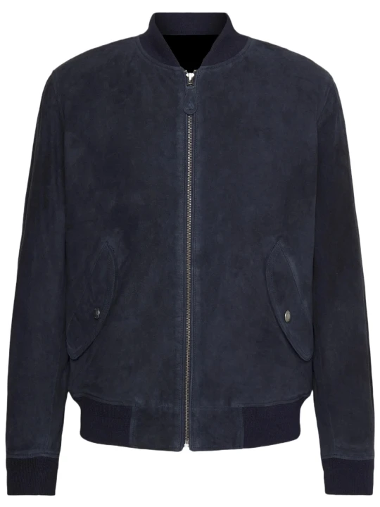 Side Pocket Navy Blue Suede Leather Bomber Jacket