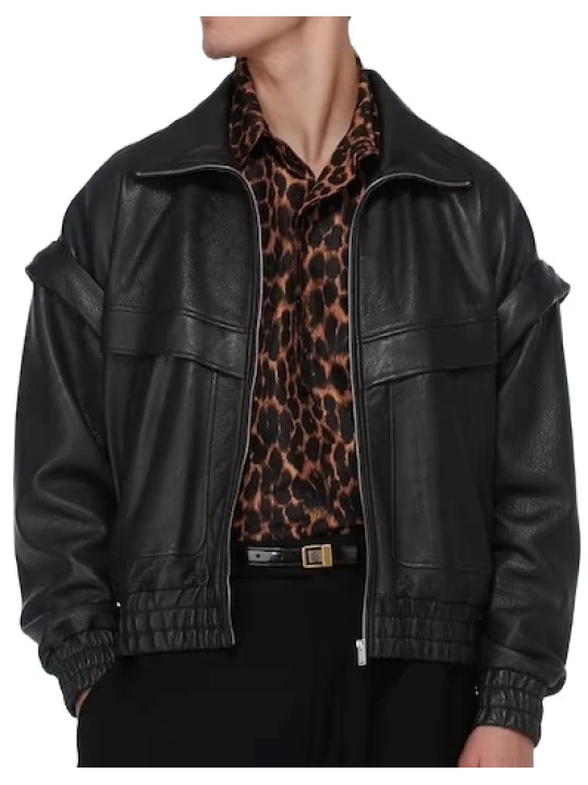 Sleek Black Leather Bomber Jacket for Men