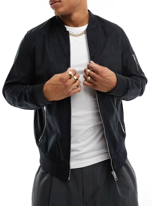 Sleeve Pocket Detail Suede Leather Bomber Jacket In Black Sleeve Pocket Detail Suede Leather Bomber Jacket In Black