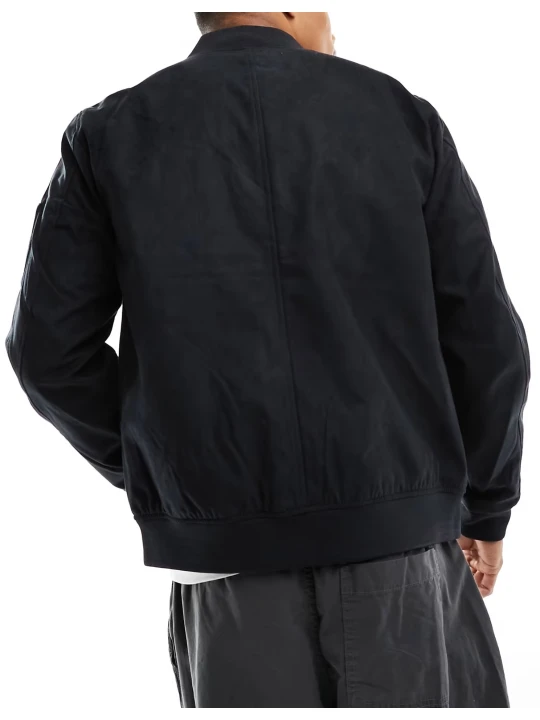 Sleeve Pocket Detail Suede Leather Bomber Jacket In Black Sleeve Pocket Detail Suede Leather Bomber Jacket In Black
