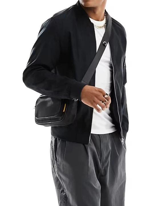 Sleeve Pocket Detail Suede Leather Bomber Jacket In Black Sleeve Pocket Detail Suede Leather Bomber Jacket In Black