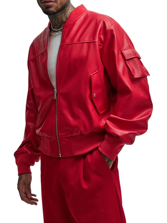 Sleeve Pocket Red Leather Bomber Jacket