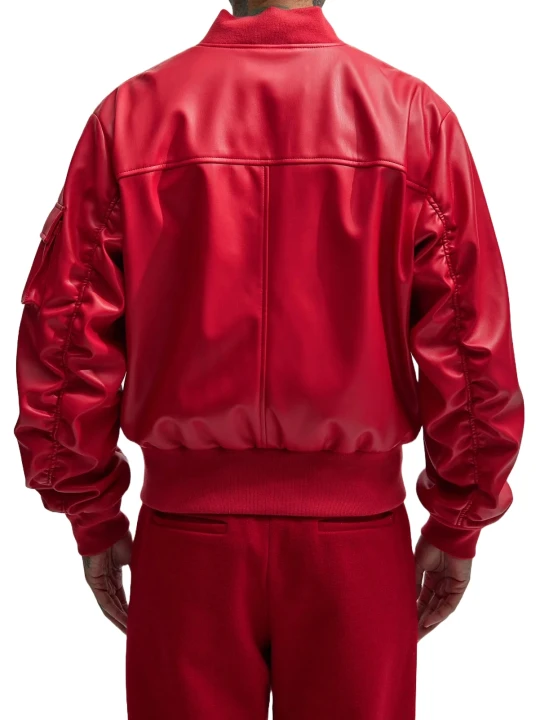 Sleeve Pocket Red Leather Bomber Jacket