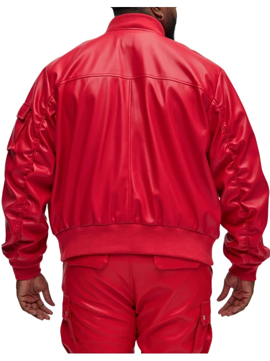 Sleeve Pocket Red Leather Bomber Jacket