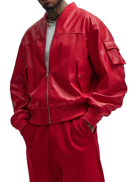 Sleeve Pocket Red Leather Bomber Jacket