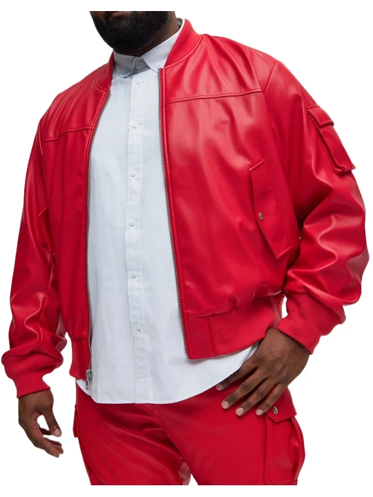 Sleeve Pocket Red Leather Bomber Jacket