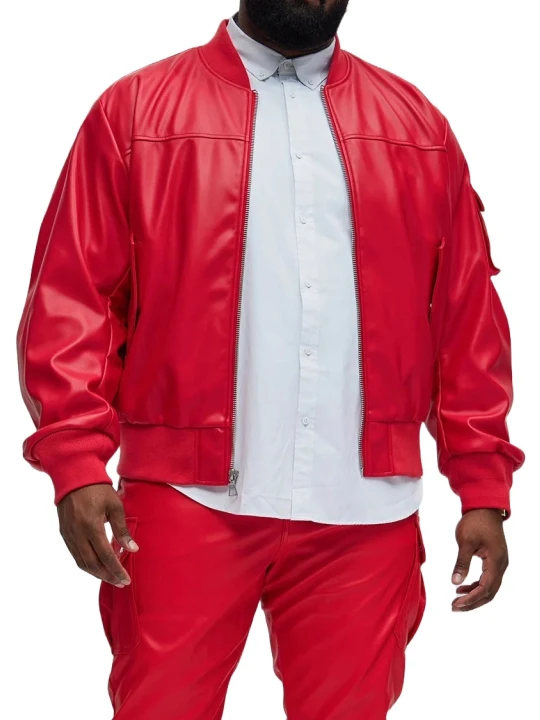 Sleeve Pocket Red Leather Bomber Jacket