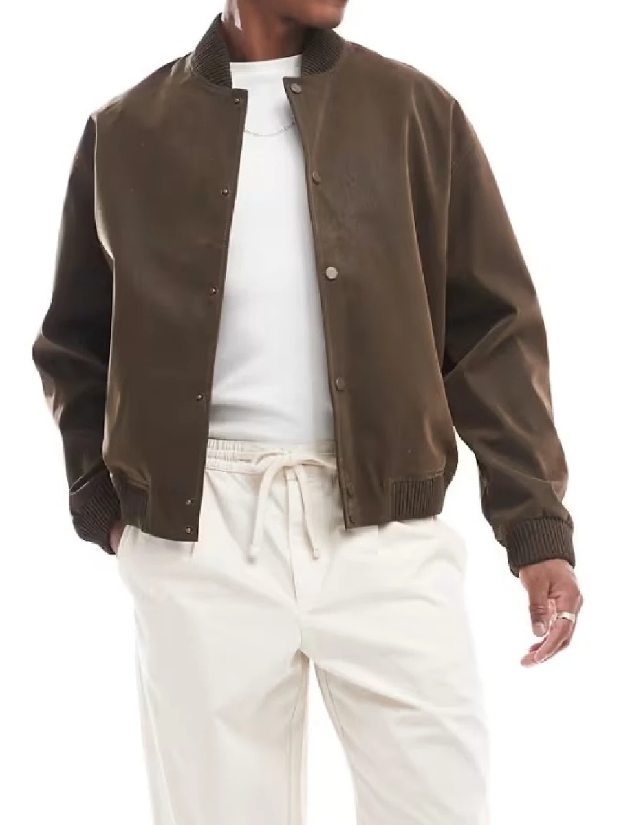 Snap Button Front Suede Leather Bomber Jacket In Brown