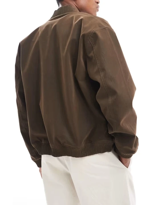 Snap Button Front Suede Leather Bomber Jacket In Brown