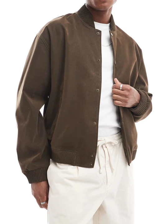 Snap Button Front Suede Leather Bomber Jacket In Brown