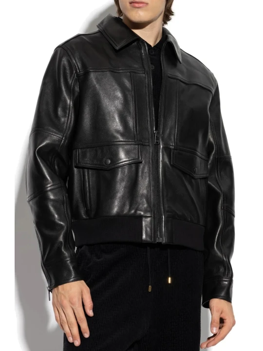 Spread Collar Black Leather Bomber Jacket