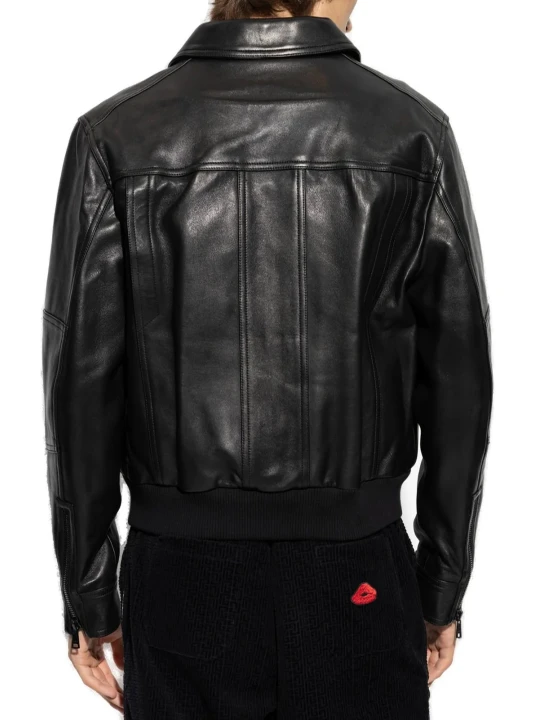Spread Collar Black Leather Bomber Jacket