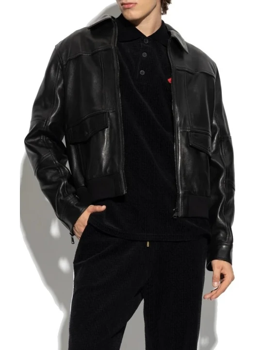 Spread Collar Black Leather Bomber Jacket