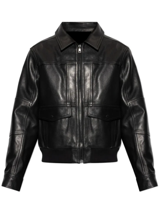 Spread Collar Black Leather Bomber Jacket