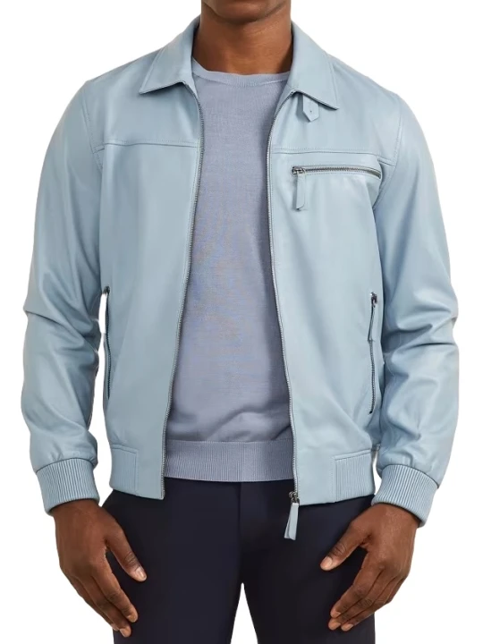 Spread Collar Blue Leather Bomber Jacket