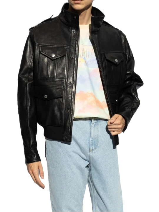 Stand Collar Black Leather Bomber Jacket
