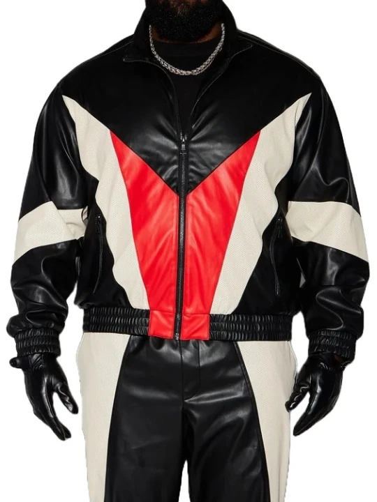 Stand Collar Black Red And White Leather Bomber Jacket