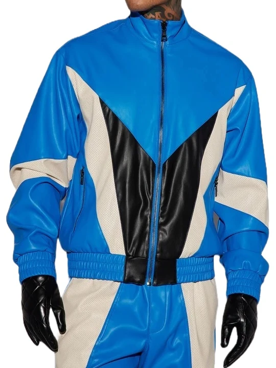 Stand Collar Blue Black And White Leather Bomber Jacket