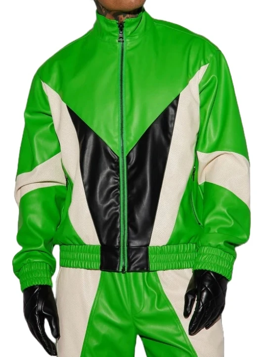 Stand Collar Green Black And White Leather Bomber Jacket