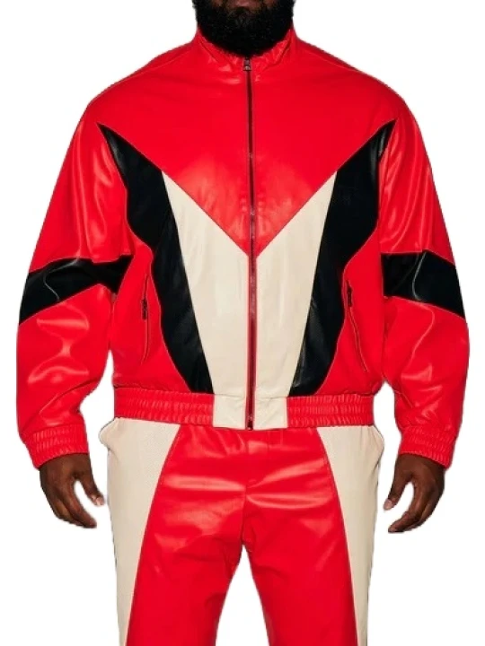 Stand Collar Red Black And White Leather Bomber Jacket