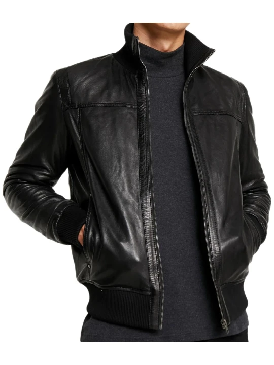 Standing Collar Bomber Black Leather Jacket