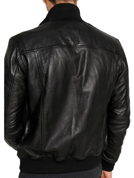 Standing Collar Bomber Black Leather Jacket