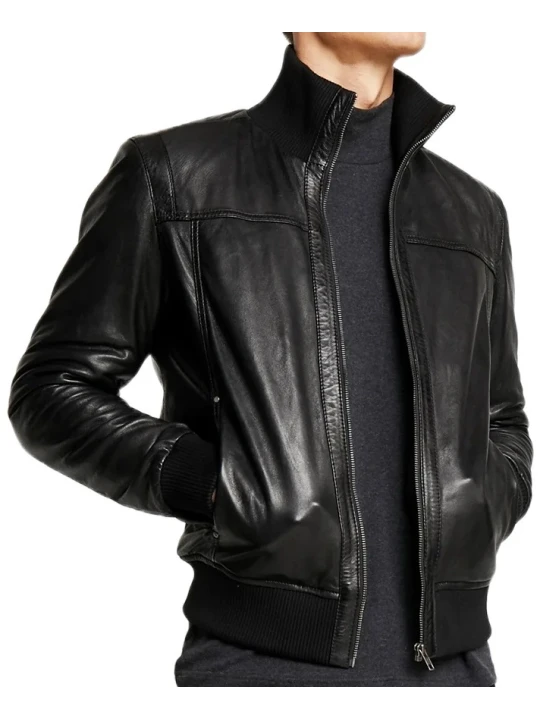 Standing Collar Bomber Black Leather Jacket