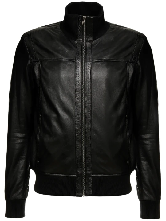 Standing Collar Bomber Black Leather Jacket