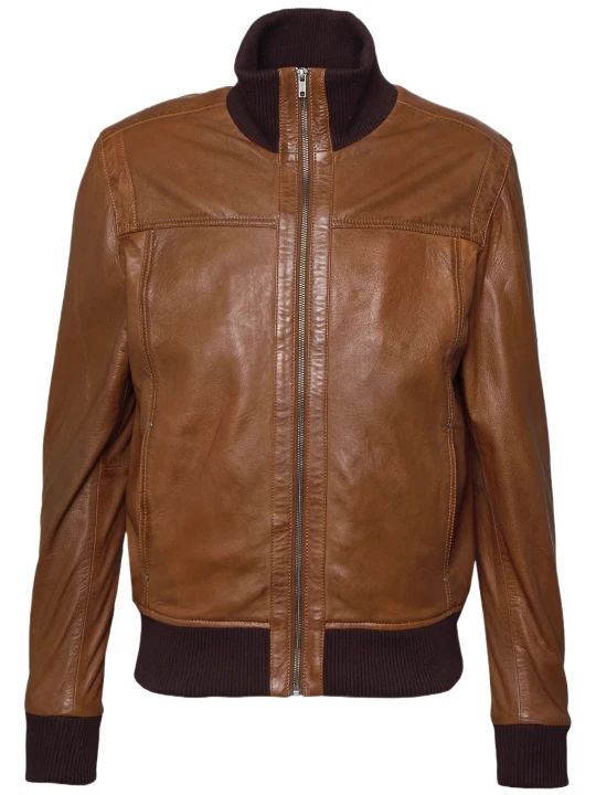 Standing Collar Bomber Cognac Leather Jacket