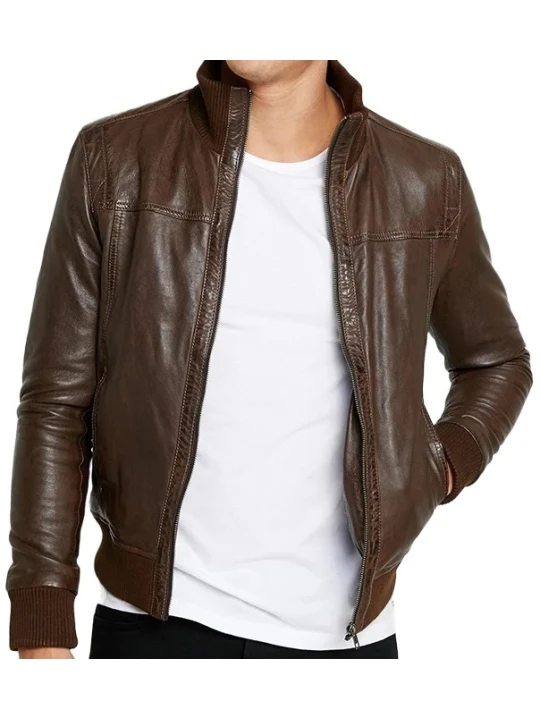 Standing Collar Bomber Dark Brown Leather Jacket