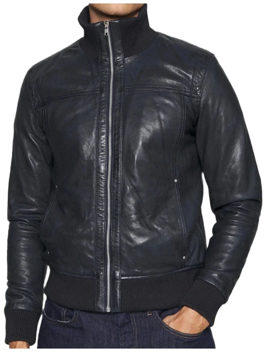 Standing Collar Bomber Navy Blue Leather Jacket