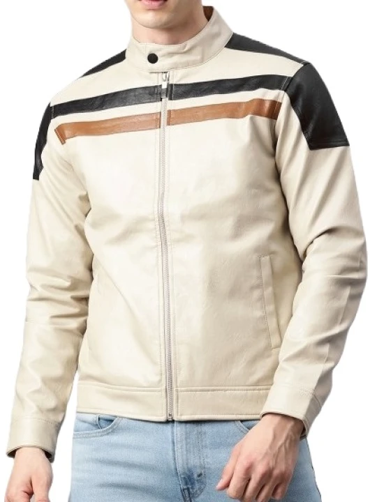 Striped Cream Leather Bomber Jacket Striped Cream Leather Bomber Jacket