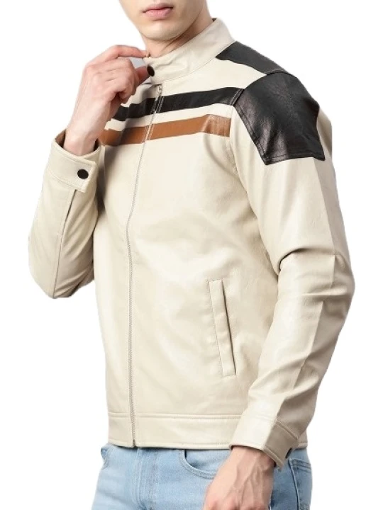 Striped Cream Leather Bomber Jacket Striped Cream Leather Bomber Jacket
