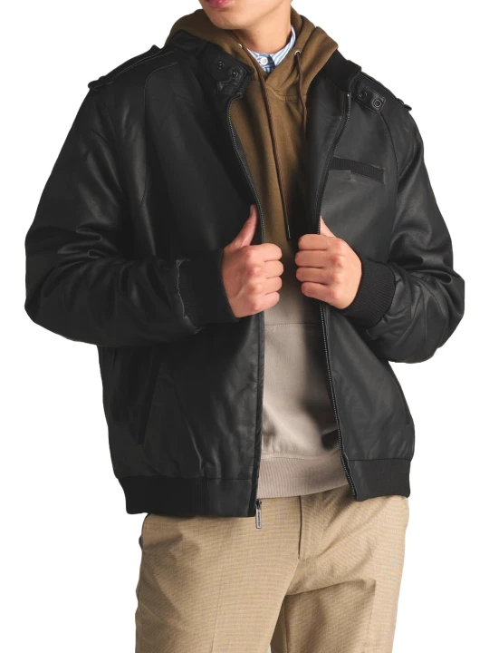 Throat Latch Bomber Jacket In Black Leather