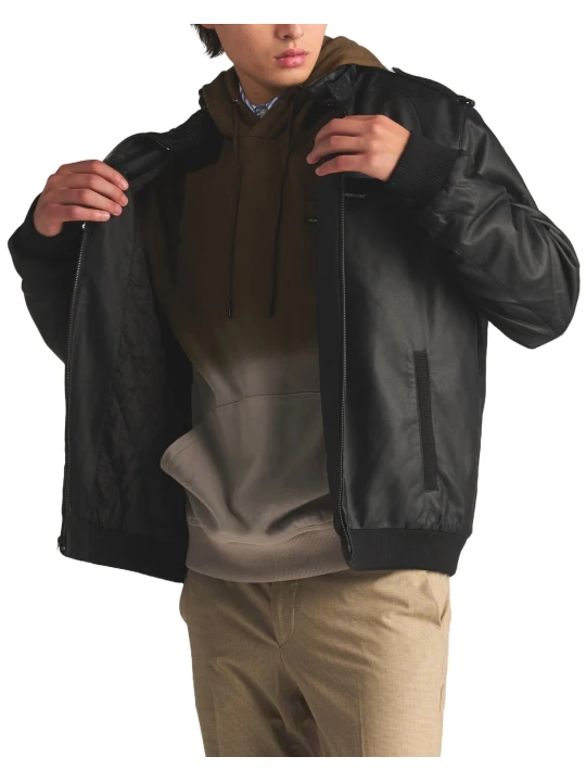 Throat Latch Bomber Jacket In Black Leather