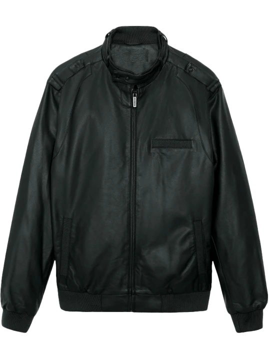 Throat Latch Bomber Jacket In Black Leather