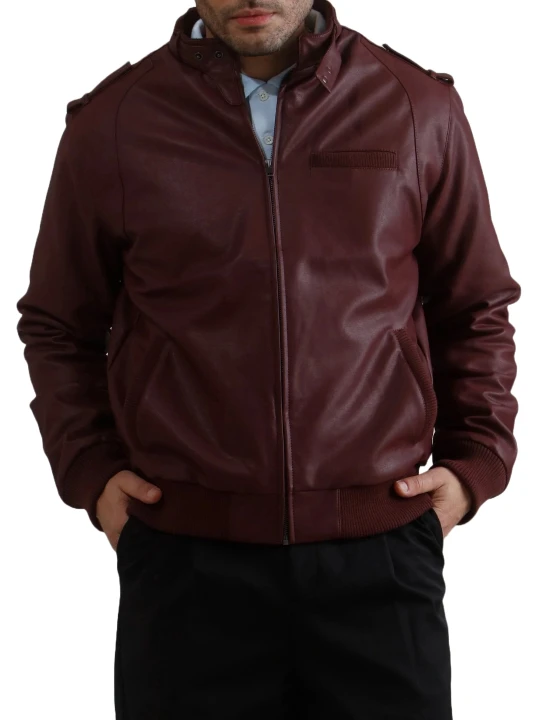 Throat Latch Bomber Jacket In Burgundy Leather