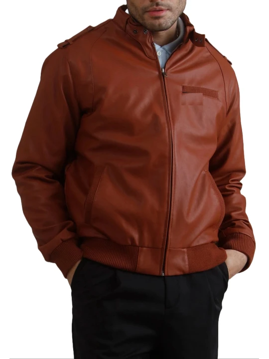 Throat Latch Bomber Jacket In Cognac Leather
