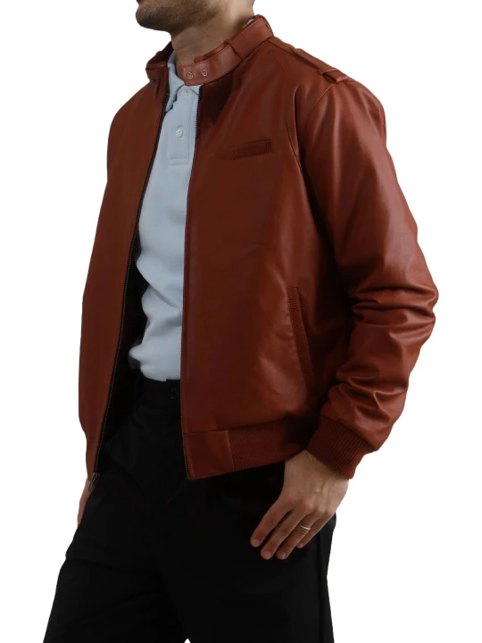 Throat Latch Bomber Jacket In Cognac Leather